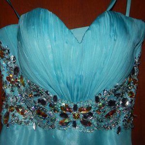 "TEMPTATION" STRAPLESS LIGHT BLUE/SIZE 4/RHINESTONE WAIST/PEEK-A-BOO BACK FORMAL